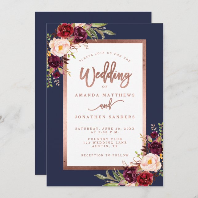 Invitation Burgundy Floral Navy Blue Rose Gold Script Mariage (Devant / Derrière)