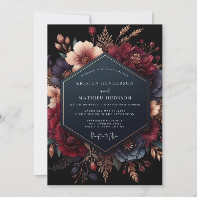 Invitation Burgundy Floral Opulent Romance Wedding (Devant)