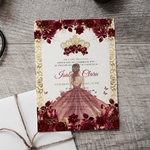 Invitation Burgundy Floral Or Arch Princess Quinceanera en or