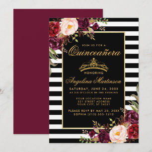 Invitation Burgundy Floral Or Grilles Quinceanera