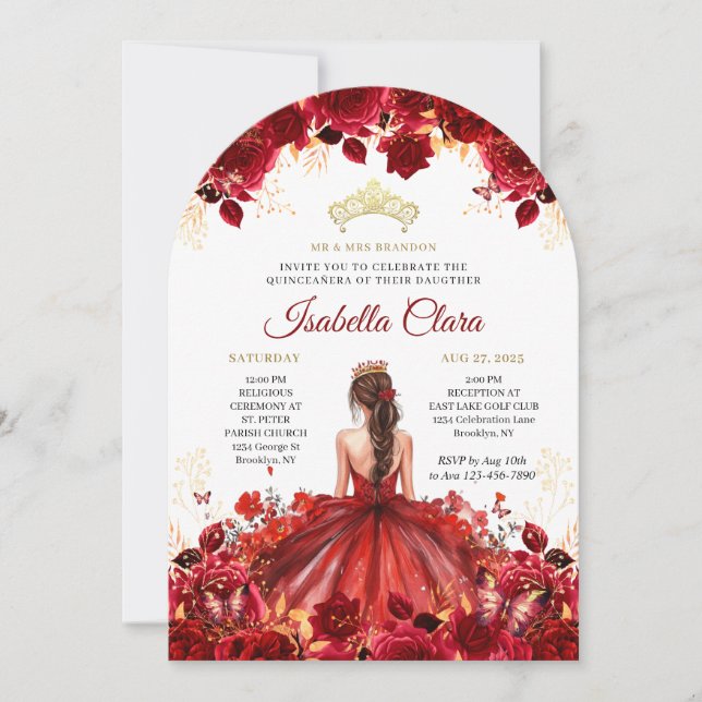 Invitation Burgundy Floral Princess Gold Quinceanera Invitati (Devant)