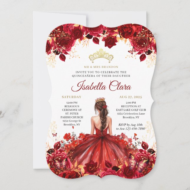 Invitation Burgundy Floral Princess Gold Quinceanera Invitati (Devant)