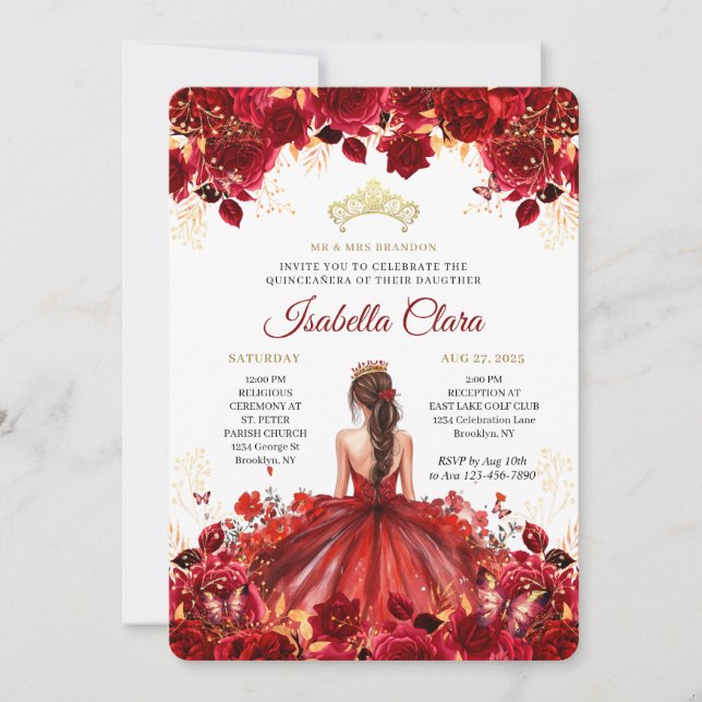 Invitation Burgundy Floral Princess Gold Quinceanera Invitati (Devant)