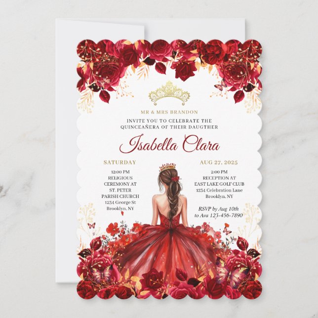 Invitation Burgundy Floral Princess Gold Quinceanera Invitati (Devant)