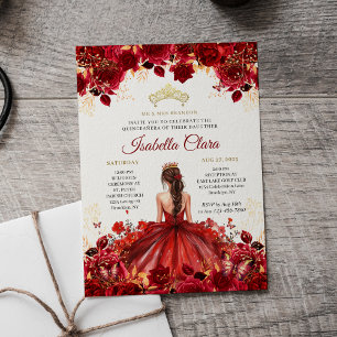 Invitation Burgundy Floral Princesse Or Quinceanera en Or