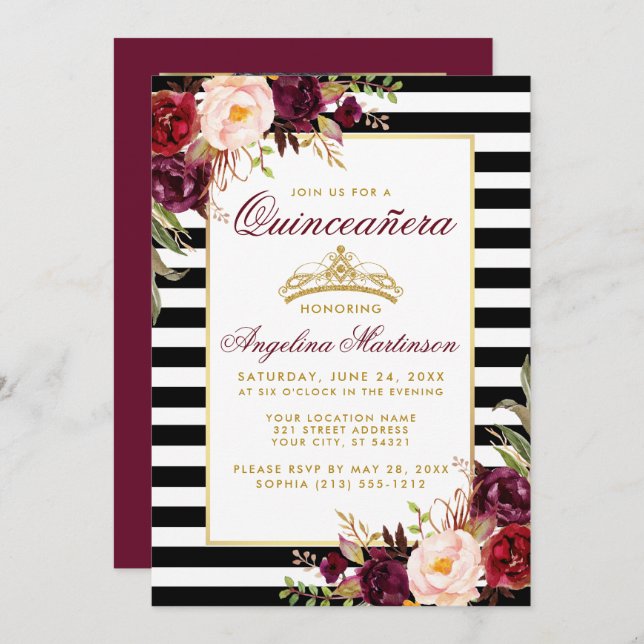 Invitation Burgundy Floral Quinceanera Grandes de la Couronne (Devant / Derrière)