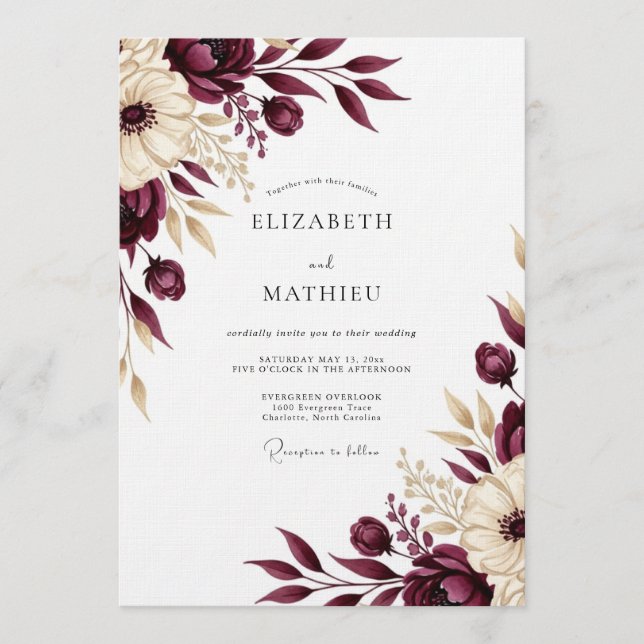 Invitation Burgundy Floral Romantic Wedding (Devant)