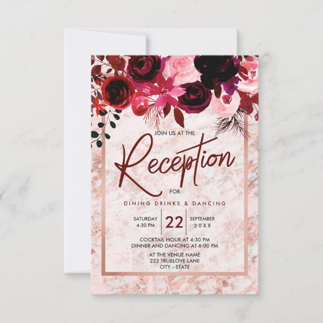 Invitation Burgundy Floral & Rose Gold Wedding Réception (Devant)