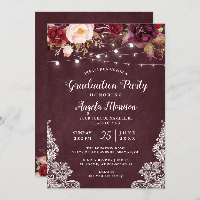 Invitation Burgundy Floral String Light Lace Graduation Party (Devant / Derrière)