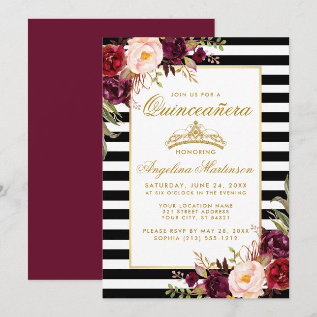 Invitation Burgundy Floral Stripes Quinceanera Gold Crown (Devant / Derrière)