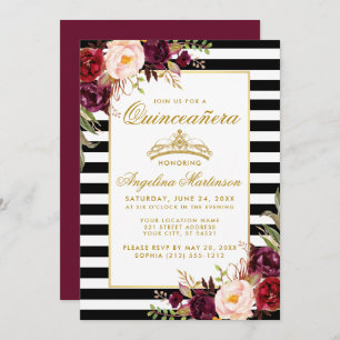 Invitation Burgundy Floral Stripes Quinceanera Gold Crown