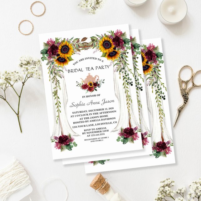 Invitation Burgundy Floral Sunflower Canopée Bridal Tea Party (#bridalteaparty #bridalshower)
