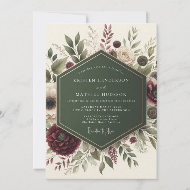 Invitation Burgundy Floral Whimsy Wedding (Devant)