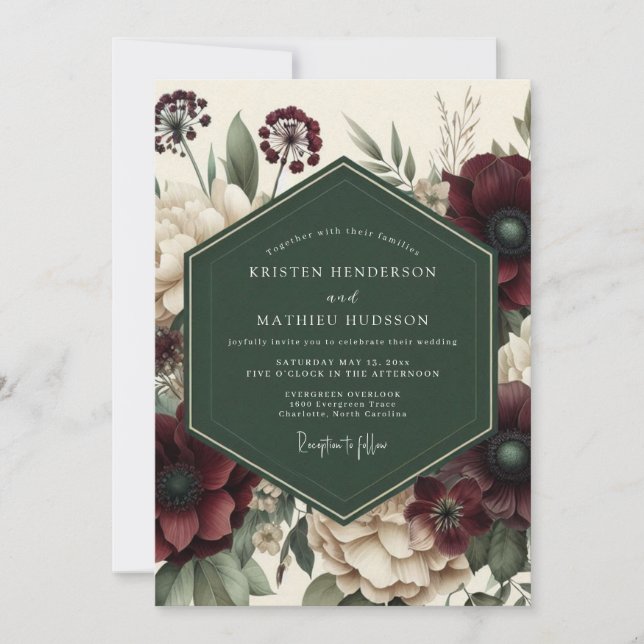 Invitation Burgundy Floral Whimsy Wedding (Devant)
