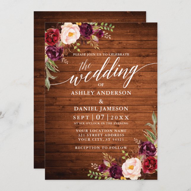 Invitation Burgundy Floral Wood Calligraphy Mariage photo (Devant / Derrière)
