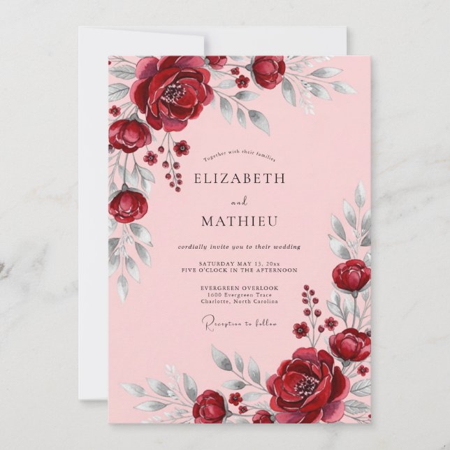 Invitation Burgundy Flourishing Romantic Wedding (Devant)