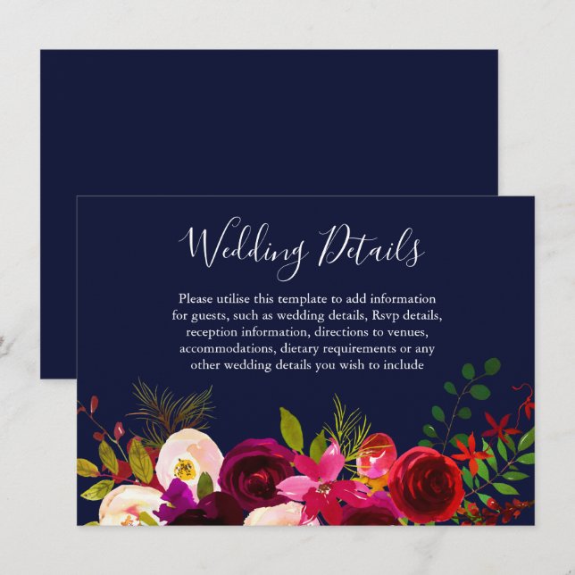 Invitation Burgundy Flower Navy Blue Détails sur le Mariage (Devant / Derrière)