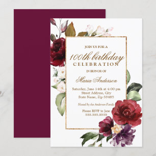Invitation Burgundy Flowers Gold Border 100e fête d'anniversa