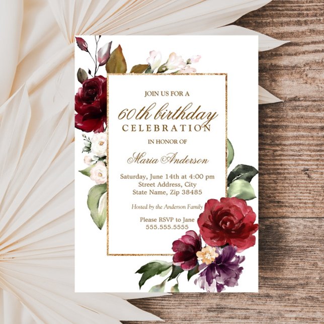 Invitation Burgundy Flowers Gold Border 60th Birthday Party (Créateur téléchargé)