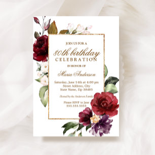 Invitation Burgundy Flowers Gold Border 80e fête d'anniversai