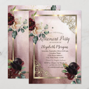 Invitation Burgundy Flowers Gold Frame Rose Gold Retraite