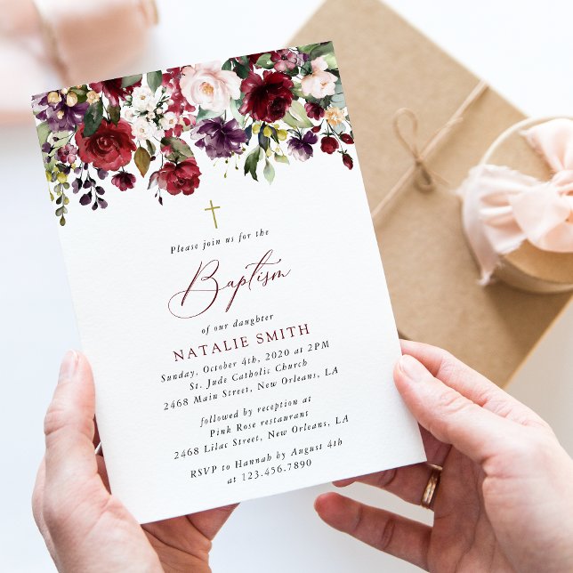 Invitation Burgundy Flowers, Pink Flowers, Floral Baptism (Créateur téléchargé)
