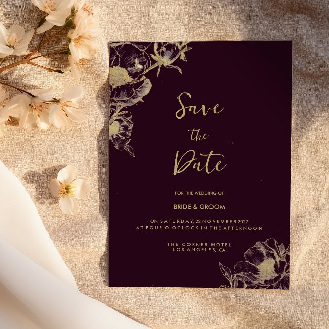 Invitation Burgundy foncé or pivoine floral Enregistrer la da (Dark burgundy gold peony floral Save the Date)