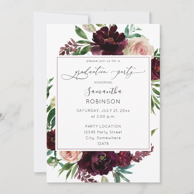 Invitation Burgundy foncée & Blush Pink Floral Graduation Par (Devant)
