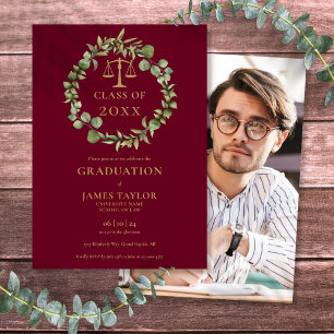 Invitation Burgundy Garland Photo Law School Graduation