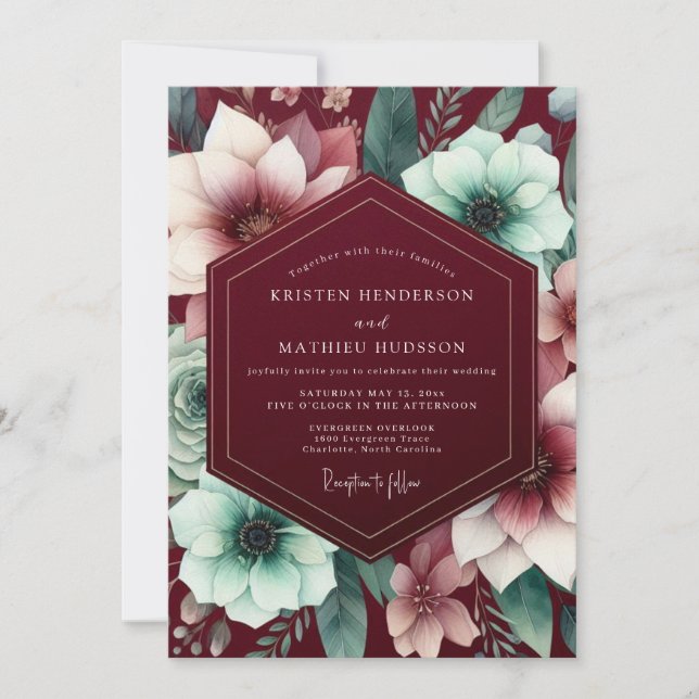 Invitation Burgundy Gilded Bloom Wedding (Devant)