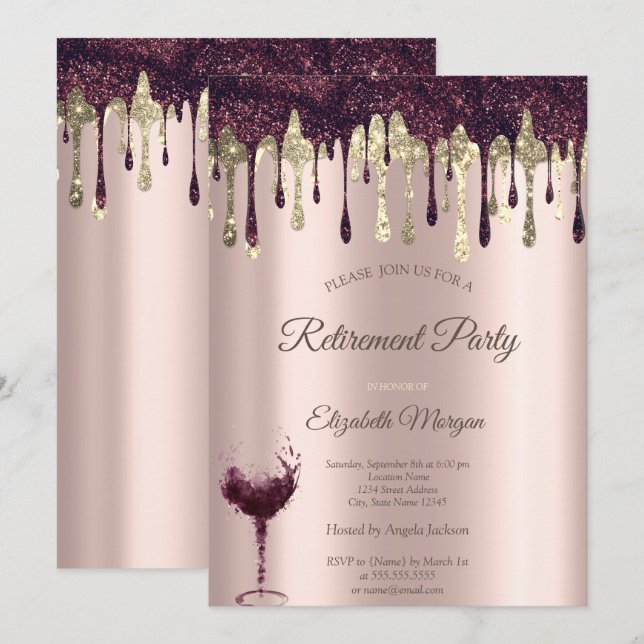 Invitation Burgundy Glitter Drivers Glass Rose Gold Retiremen (Devant / Derrière)