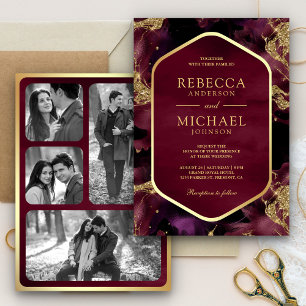 Invitation Burgundy Gold Abstrait Fluid Ink Mariage photo