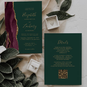 Invitation Burgundy Gold Agate Emerald Green QR Code Mariage