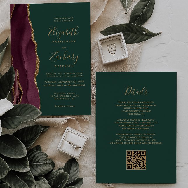 Invitation Burgundy Gold Agate Emerald Green QR Code Mariage (Créateur téléchargé)