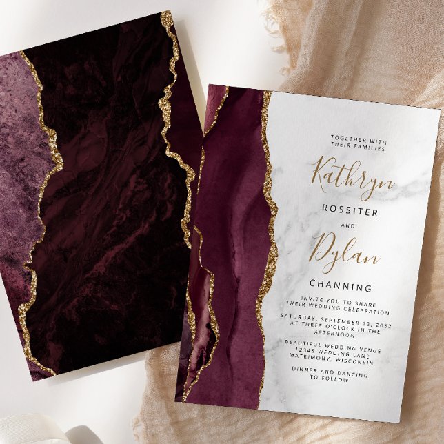 Invitation Burgundy Gold Agate Gris Marbre Mariage (Créateur téléchargé)