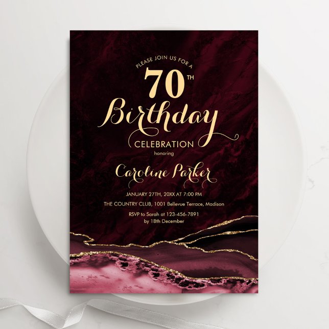 Invitation Burgundy Gold Agate Marble 70e anniversaire (Créateur téléchargé)