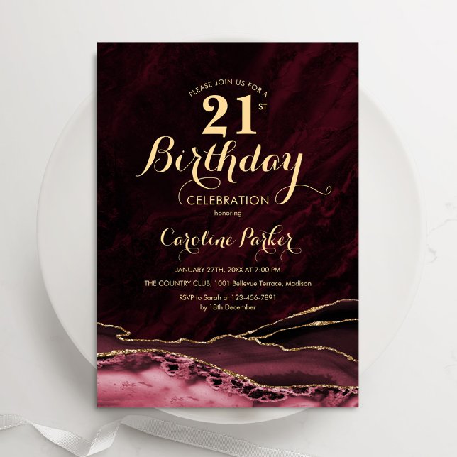 Invitation Burgundy Gold Agate Marbre 21e anniversaire (Créateur téléchargé)