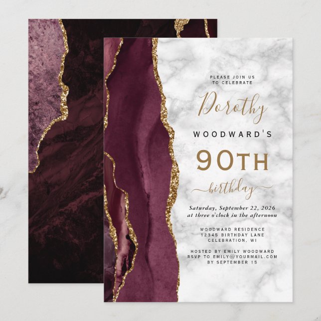 Invitation Burgundy Gold Agate Marbre 90e fête d'anniversaire (Devant / Derrière)