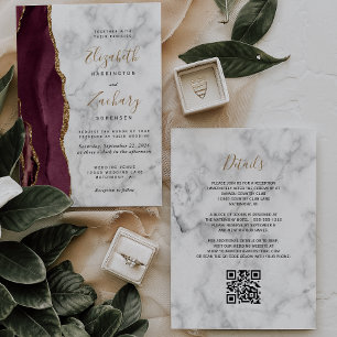 Invitation Burgundy Gold Agate Marbre QR Code Mariage