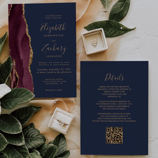 Invitation Burgundy Gold Agate Marine Blue QR Code Mariage (Créateur téléchargé)