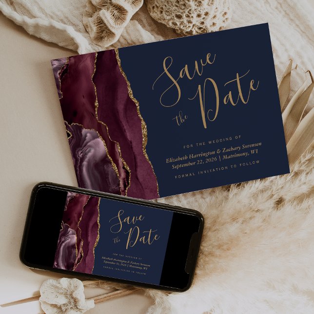 Invitation Burgundy Gold Agate Navy Blue Enregistrez la Date (Créateur téléchargé)