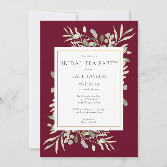 Invitation Burgundy Gold Aquarelle verte Bridal Tea Party (Devant)
