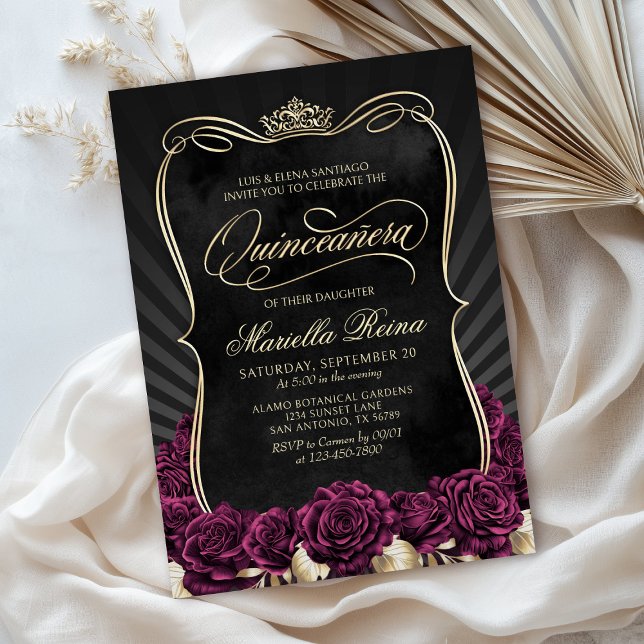 Invitation Burgundy Gold Black Quinceañera (Créateur téléchargé)