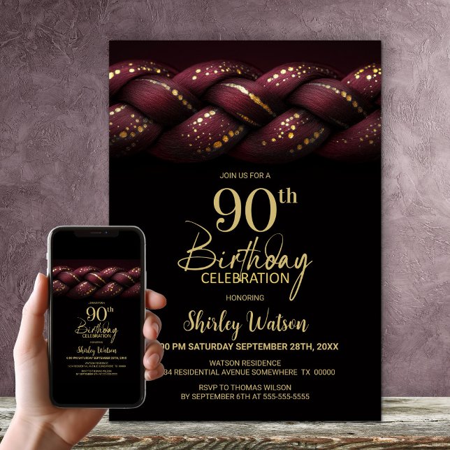 Invitation Burgundy Gold Braid 90e fête d'anniversaire (Créateur téléchargé)