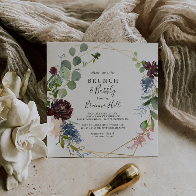 Invitation Burgundy Gold Brunch et Bubbly Fête des mariées (Créateur téléchargé)