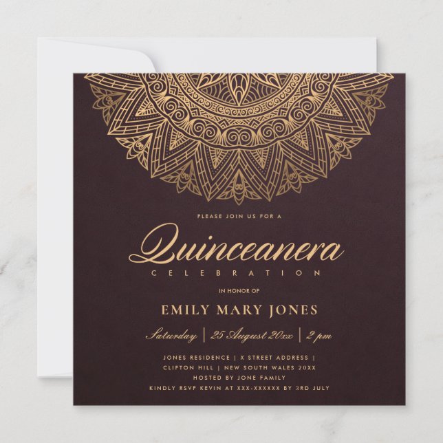 INVITATION BURGUNDY GOLD CLASSIC ORNATE MANDALA QUINCEANERA (Devant)