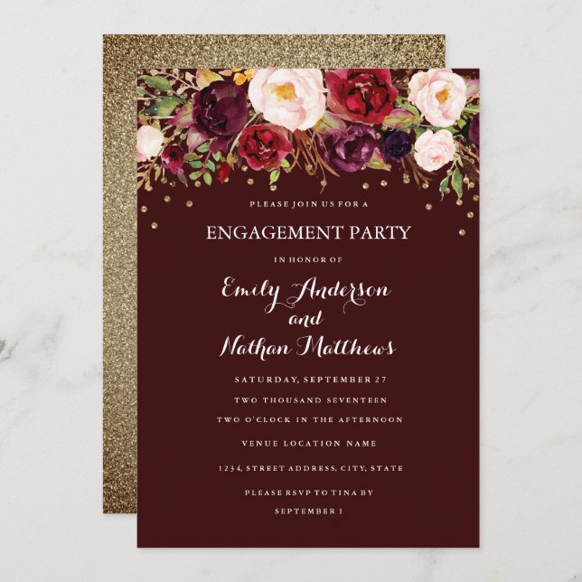 Invitation Burgundy Gold Confetti Floral Engagement Party (Devant / Derrière)