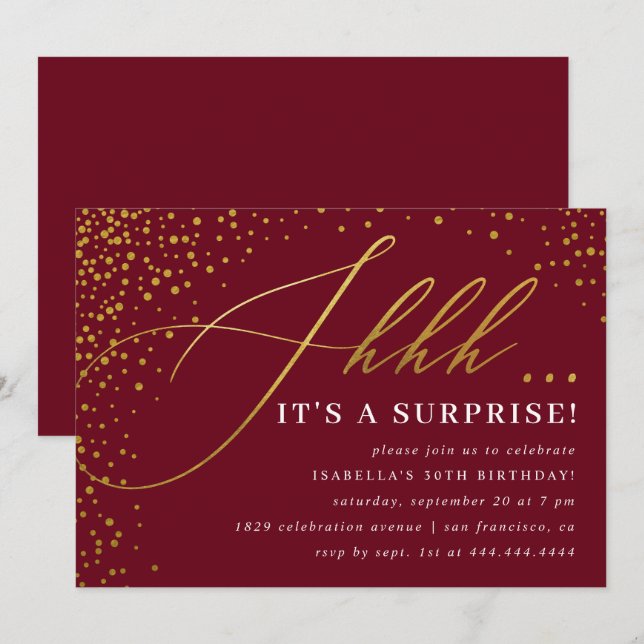 Invitation Burgundy & Gold Confetti Script Surprise Party (Devant / Derrière)