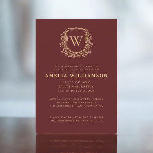 Invitation Burgundy Gold Crest Monogram Graduation Party