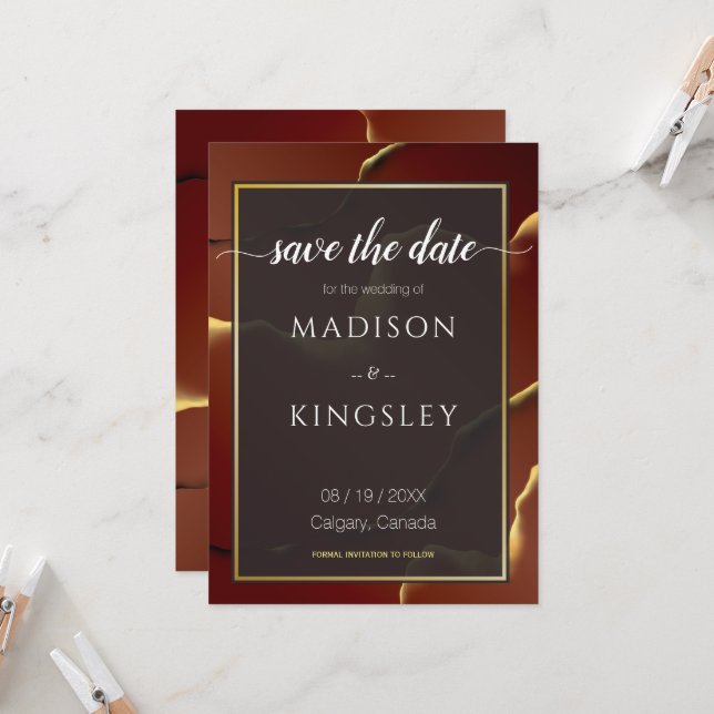 Invitation 🤵 Burgundy Gold Elegant Inky Mariage Abstrait (Devant/Arrière en situation)